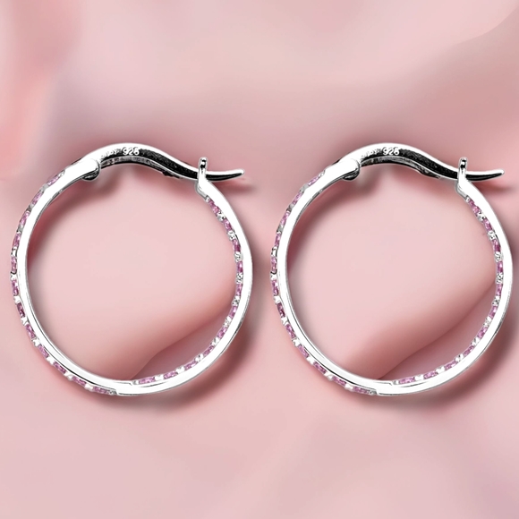 🔥PRICE DROP🔥NWT SIMULATED PINK DIAMOND HOOP EARRINGS IN STERLING SILVER - Picture 8 of 9